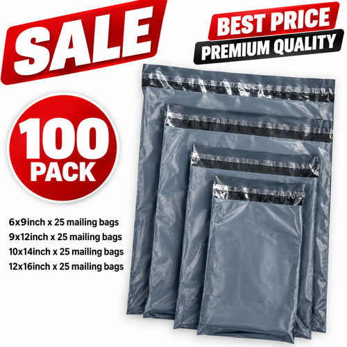 100 grey postal bags mixed - grey,